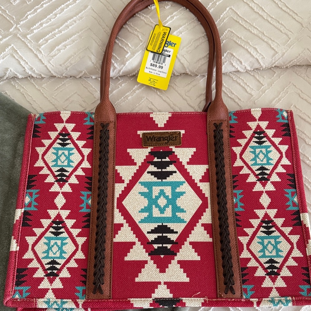 Wrangler Geometric Red and Brown Tote